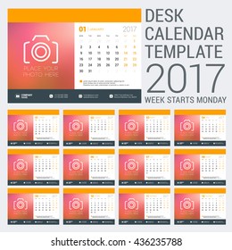 Desk Calendar Template for 2017 Year. Design Template with Place for Photo. Week starts Monday. Vector Illustration