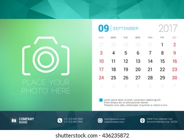 Desk Calendar Template for 2017 Year. September. Design Template with Place for Photo. Week starts Sunday. Vector Illustration