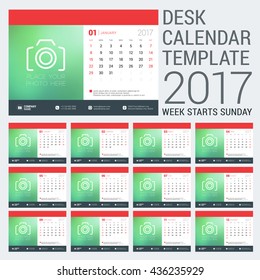 Desk Calendar Template for 2017 Year. Design Template with Place for Photo. Week starts Sunday. Vector Illustration