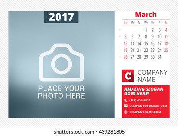 Desk calendar template for 2017 year. Vector print template with place for photo. March. Week starts Sunday. Calendar page. Stationery design