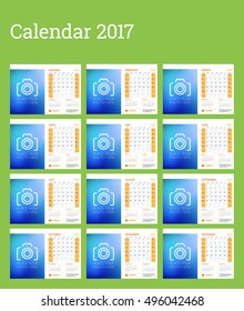 Desk Calendar Template for 2017 Year. Week Starts Sunday. Set of 12 Months. Place for Photo, logo and contact information. Stationery Design. Vector Calendar Template