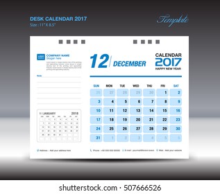Desk Calendar Template for 2017 Year , DECEMBER 2017 year,  Week starts Sunday, Stationery design