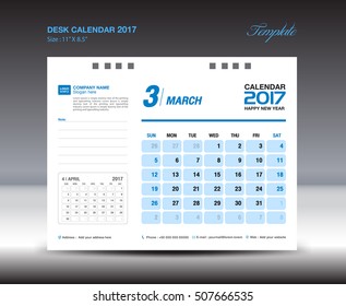 Desk Calendar Template for 2017 Year , MARCH 2017 year, Week starts Sunday, Stationery design