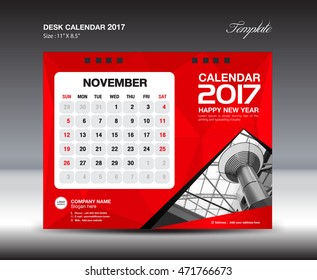 Desk Calendar Template for 2017 Year,NOVEMBER , Design Template, vector, poster, advertisement, Week starts Sunday