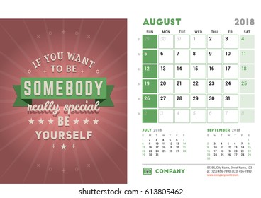 Desk Calendar Template for 2018 Year. August. Design Template with Motivational Quote. 3 Months on Page. Week starts Sunday. Vector Illustration