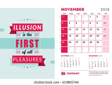 Desk Calendar Template for 2018 Year. November. Design Template with Motivational Quote. 3 Months on Page. Week starts Sunday. Vector Illustration