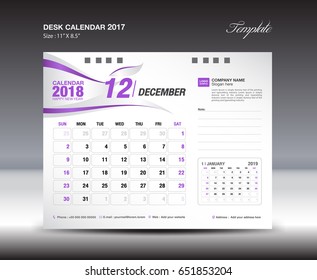 Desk Calendar Template for 2018 Year , DECEMBER, Week starts Sunday, Stationery design, purple flyer template