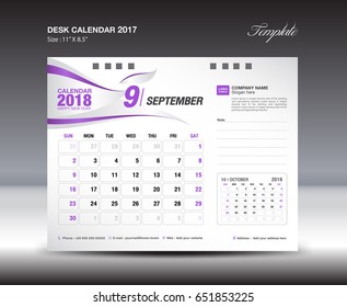 Desk Calendar Template for 2018 Year , SEPTEMBER, Week starts Sunday, Stationery design, purple flyer template