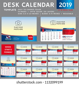 Desk calendar template for 2019. Design Template blue. Vector Illustration.
