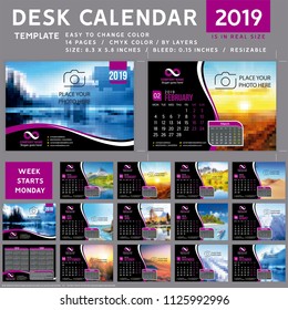 Desk calendar Template for 2019 Year. Desk calendar 2020. Design Template. Week starts on Monday. Vector Illustration. purple
