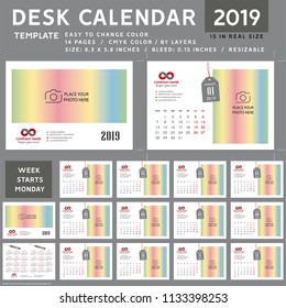 Desk calendar template for 2019 Year, Design calendar template, Week starts on Monday. spiral calendar, Vector Illustration, calendar gray