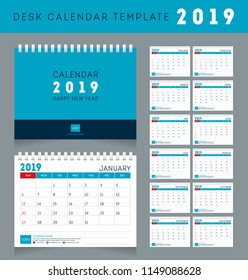 Desk calendar template for 2019 year. Set of 12 months.