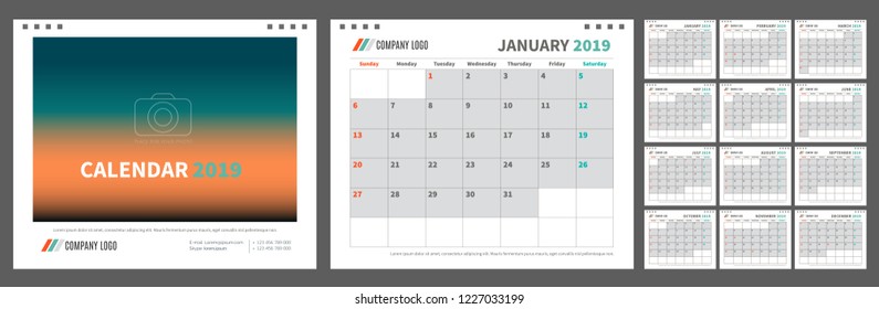 Desk calendar Template for 2019 Year. Design Template. American version. Week starts Sunday. Vector Illustration. blue emerald and orange colors.
