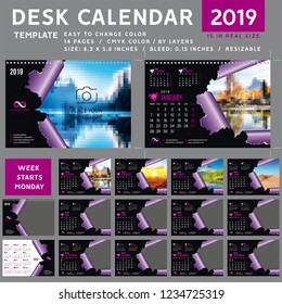 Desk calendar template for 2019 Year, Design Template, Week starts on Monday, spiral binding, Vector Illustration, personal organizer, torn 00021