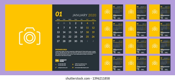 Desk calendar template for 2020 year. Set of 12 pages. Week starts on Monday. Vector illustration