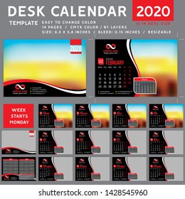 Desk calendar Template for 2020 Year. Design Template. Week starts on Monday. Vector Illustration. spiral calendar. red calendar. Calendar 2020