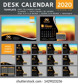 Desk calendar Template for 2020 Year. Design Template. Week starts on Monday. Vector Illustration. Orange calendar