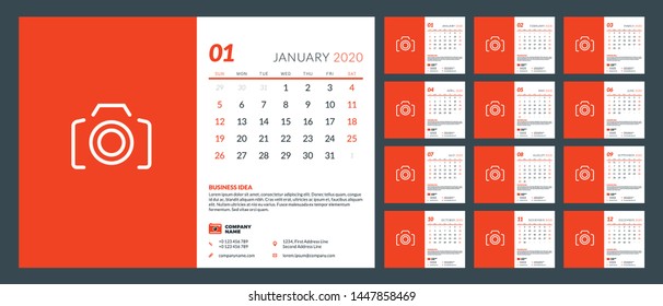 Desk Calendar Template For 2020 Year. Set Of 12 Pages. Week Starts On Sunday. Vector Illustration