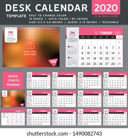 Desk calendar Template for 2020 Year. Design Template. Week starts on Monday. Vector Illustration. rose calendar