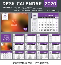 Desk calendar Template for 2020 Year. Design Template. Week starts on Monday. Vector Illustration. purple calendar