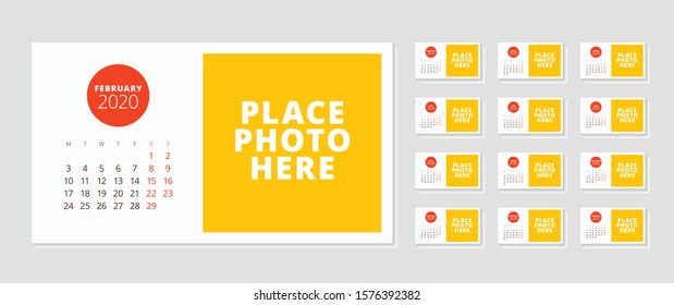 Desk calendar template for 2020 year. Set of 12 pages. Week starts on Monday. Vector illustration