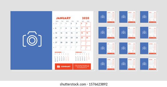 Desk calendar template for 2020 year. Set of 12 pages. Week starts on Monday. Vector illustration