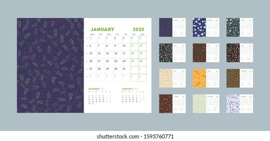 Desk calendar template for 2020 year. Week starts on Monday. Design template with cute floral pattern. Vector illustration