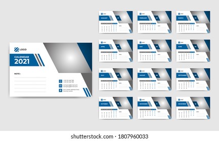 Desk Calendar Template 2021, Clean and Modern Calendar, Date Planner for 2021, 12 months Set of Template, Desk Calendar for 2021