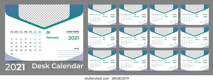 Desk Calendar template 2021, Calendar design 2021, Week Starts on Sunday. Set of 12 Months.