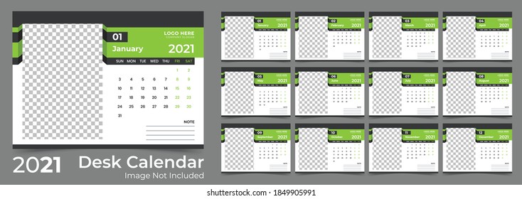 Desk Kalender Vorlage 2021, Woche beginnt am Sonntag, Set von 12 Kalenderseiten Vektordesign-Vorlage.	
