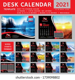 Plantilla de calendario de escritorio para 2021 Año. Plantilla de diseño. La semana comienza el lunes. Ilustración vectorial. calendario de espiral. calendario rojo. Calendario 2021