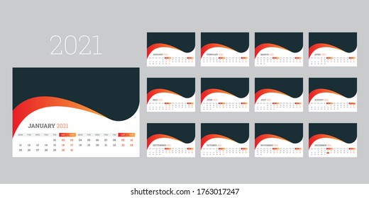 Desk calendar template for 2021 year. Set of 12 months.
