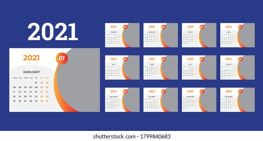 Desk calendar template for 2021 year. Week starts on Monday.