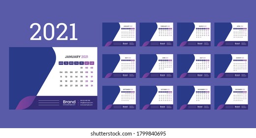 Desk calendar template for 2021 year. Week starts on Monday.