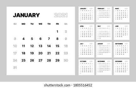 Desk calendar template for 2021 year. Planner diary in a minimalist style. Week Starts on Sunday. Monthly calendar ready for print.