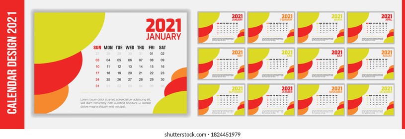 Desk calendar template for 2021 year. Planner diary in a minimalist style. Week Starts on Sunday. Monthly calendar ready for print. White, Green, red , yellow color calendar design.