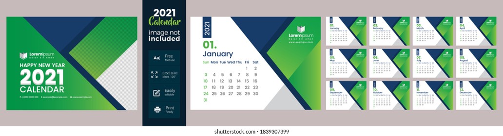 Desk Calendar template for 2021 year. Clean & Minimalist Design for Year Planner 2021. Colorful Calendar Design. 