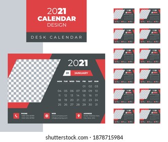 Desk calendar template for 2021 year. Planner diary in a minimalist and abstract style in dark color background. Week Starts on Sunday. Monthly calendar ready for print.