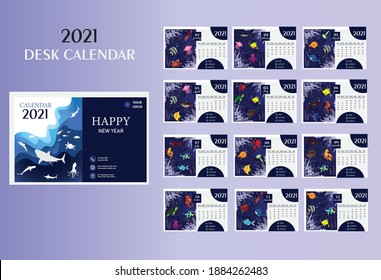 Desk Calendar template for 2021 year. Art, Corporate and Business Desk Calender. 2021 Creative Desk Calendar.Week start on Sunday