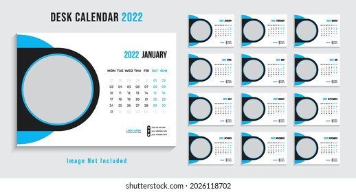 Desk Calendar template for 2022 year. Set of 12 months. 2022. Week starts on monday.Print ready editable calender. Planner design.