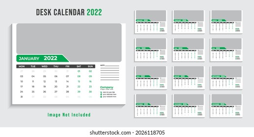Desk Calendar template for 2022 year. Set of 12 months. 2022. Week starts on monday.Print ready editable calender. Planner design.