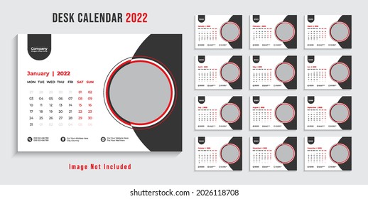 Desk Calendar template for 2022 year. Set of 12 months. 2022. Week starts on monday.Print ready editable calender. Planner design.