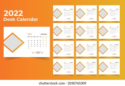 Desk calendar template 2022.Week starts on Monday.