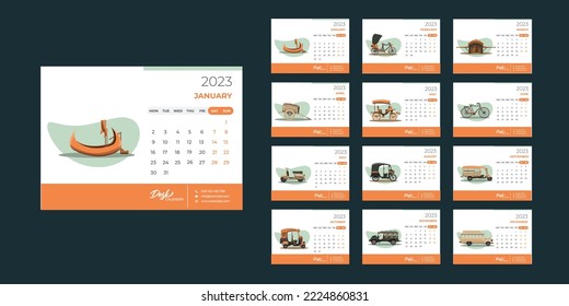 Desk Calendar template for 2023. Flat style vector illustration. Yearly calendar template with Bangladeshi old Transportation form illustration. Set of 12 Months