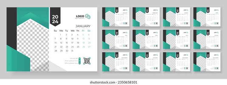 Desk Calendar Template 2024. Desk calendar in a minimalist style. Week Starts on Sunday.