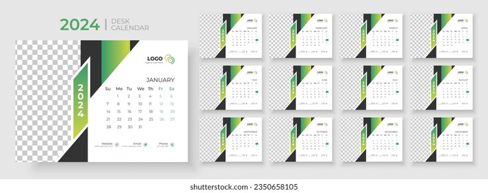 Desk Calendar Template 2024. Desk calendar in a minimalist style. Week Starts on Sunday. Planner for 2024 year.