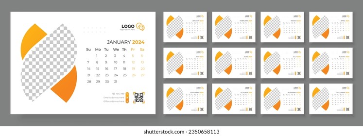 Desk Calendar Template 2024. Desk calendar in a minimalist style. Week Starts on Sunday. Calendar 2024 planner corporate template design.