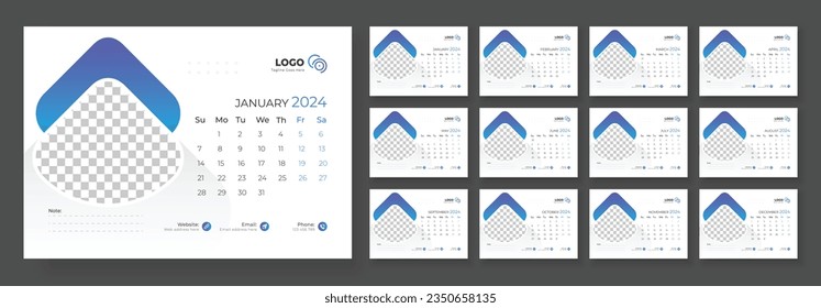 Desk Calendar Template 2024. Desk calendar in a minimalist style. Week Starts on Sunday. Calendar 2024 planner corporate template design.