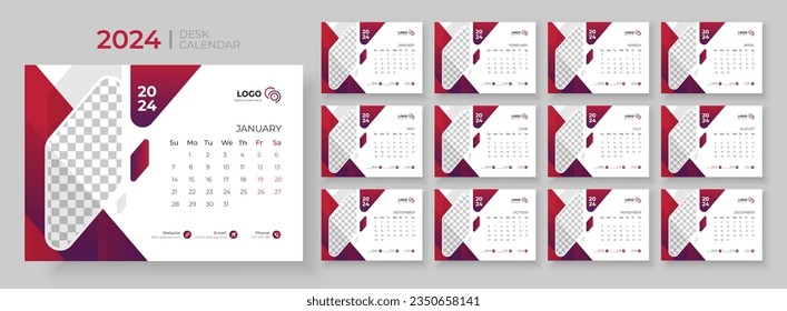 Desk Calendar Template 2024. Desk calendar in a minimalist style. Week Starts on Sunday. Planner for 2024 year.