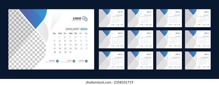 Desk Calendar Template 2024 Or Monthly Weekly Schedule New Year Calendar 2024 Design Template. Week starts on Sunday.